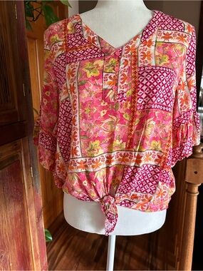 cooper & ella Pink and Orange Floral Patchwork Tie-Front Top